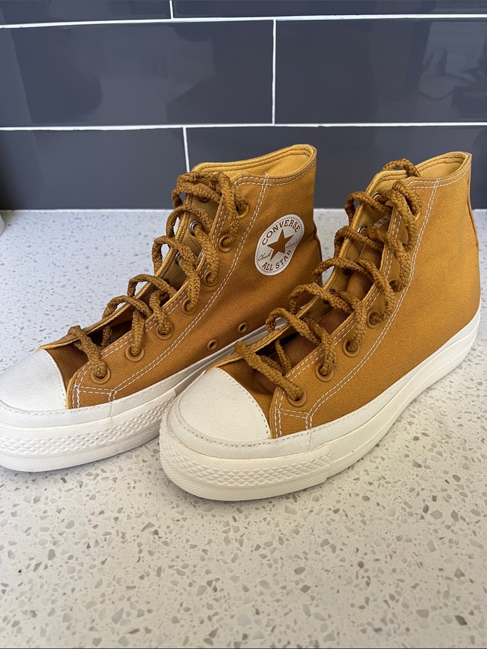 Converse High Top Lift/Platform Sneakers - Mustard Brown Canvas with White Sole